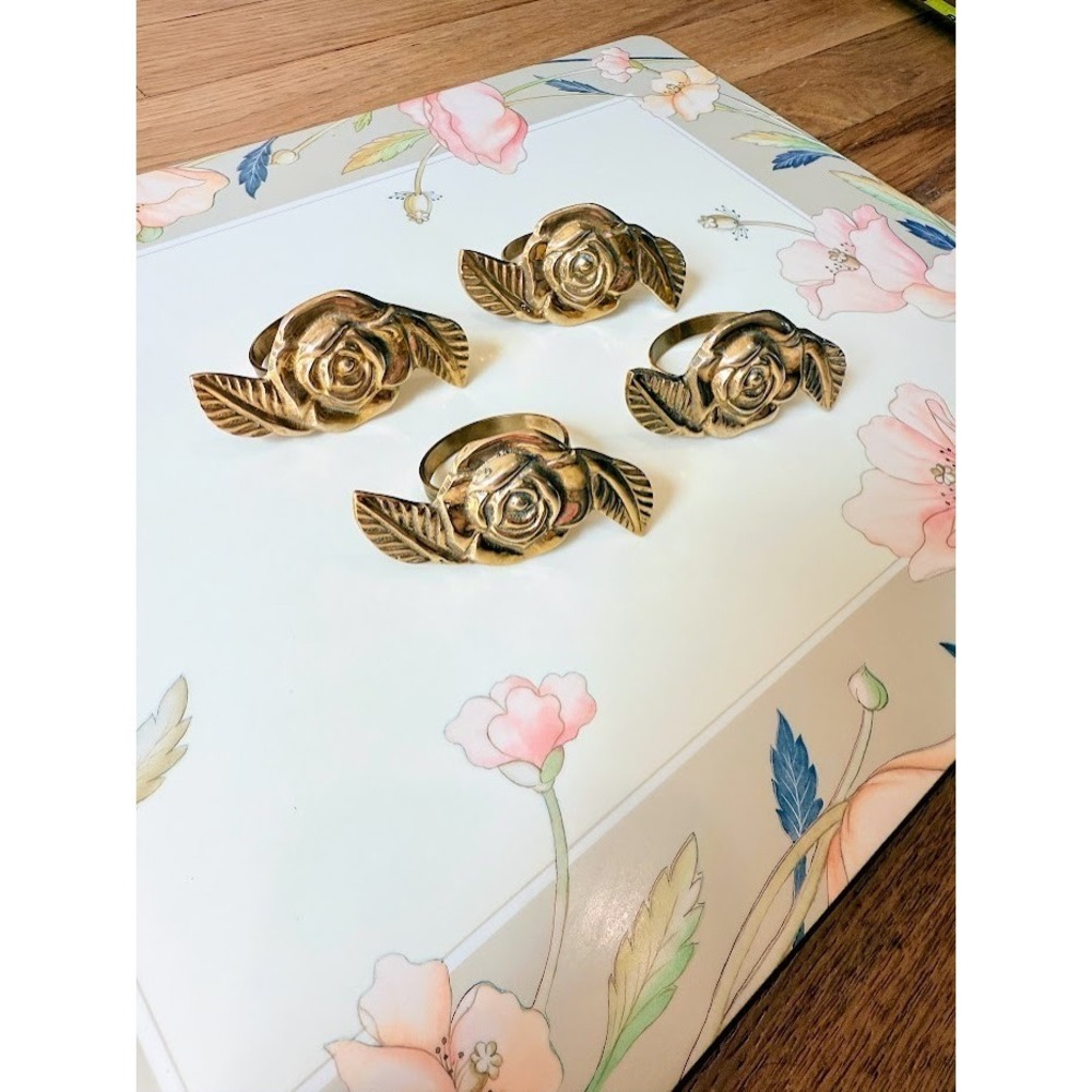 Vintage Solid Brass Rose Ring Napkin Holders Set Of 4 3" L 1.5" Diameter Floral